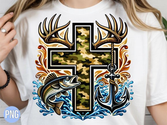 Camo Hunting Fishing Cross Christian PNG T-Shirt Designs
