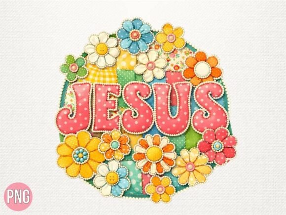 Retro Jesus Daisy Floral Patchwork PNG for T-Shirt Designs